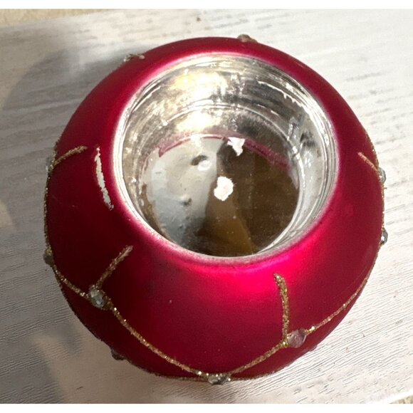 Red Glass Tealight Holder With Gold & Silver Glitter Accents 2.75" - Picture 2 of 7